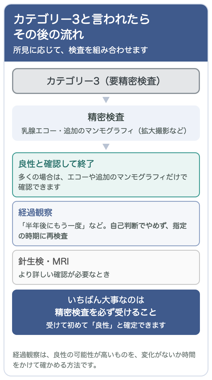 カテゴリー3と言われたあとの流れ：精密検査（乳腺エコー・追加のマンモグラフィ）を受け、多くは良性と確認して終了。経過観察（半年後などに再検査）や、より詳しい確認が必要なときは針生検・MRIへ。いちばん大事なのは精密検査を必ず受けること
