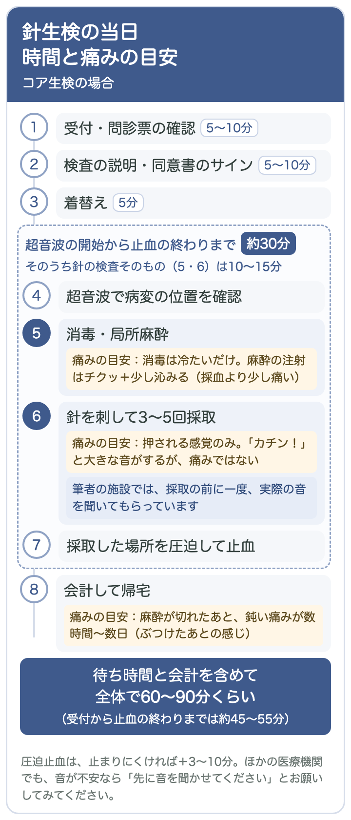 針生検の当日の流れと痛みの目安（コア生検）：受付から会計・帰宅までの8段階。超音波の開始から止血の終わりまで約30分、そのうち針の検査そのものは10〜15分。消毒・局所麻酔では注射がチクッと少し沁みる程度、採取では押される感覚と「カチン！」という音（筆者の施設では採取の前に一度音を聞いてもらう）、帰宅後は鈍い痛みが数時間〜数日。待ち時間と会計を含めて全体で60〜90分くらい