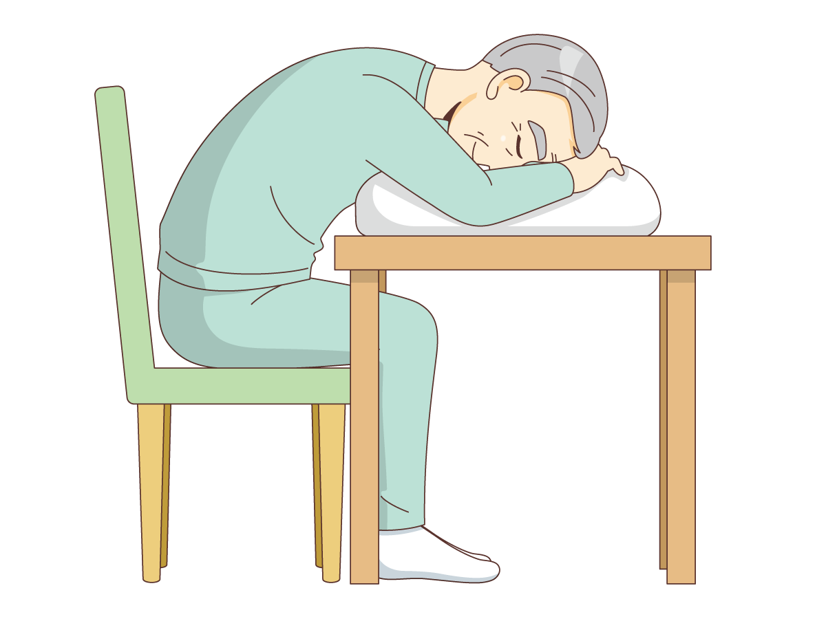 起座位のイラスト（テーブルに枕を置いて前傾でもたれる）